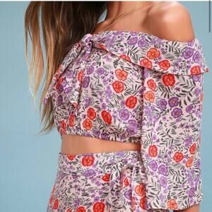 Lulu’s Blush Pink Floral Off the Shoulder Crop Top Size L